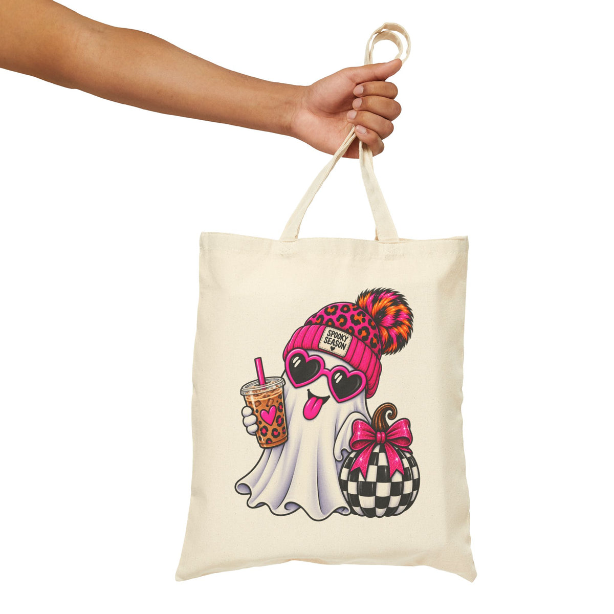 Cute Ghost Tote Bag - Trendy Leopard Beanie Ghost with Bubble Tea & Gift Canvas Tote