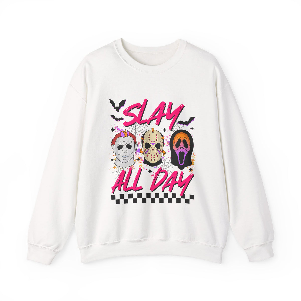 Slay All Day Crewneck Sweatshirt — Retro Horror Mask Graphic