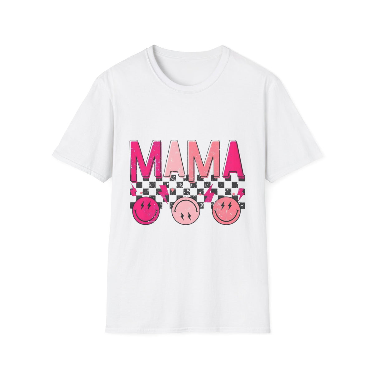 Mama Graphic T-Shirt — Pink Checkerboard Smiley Design