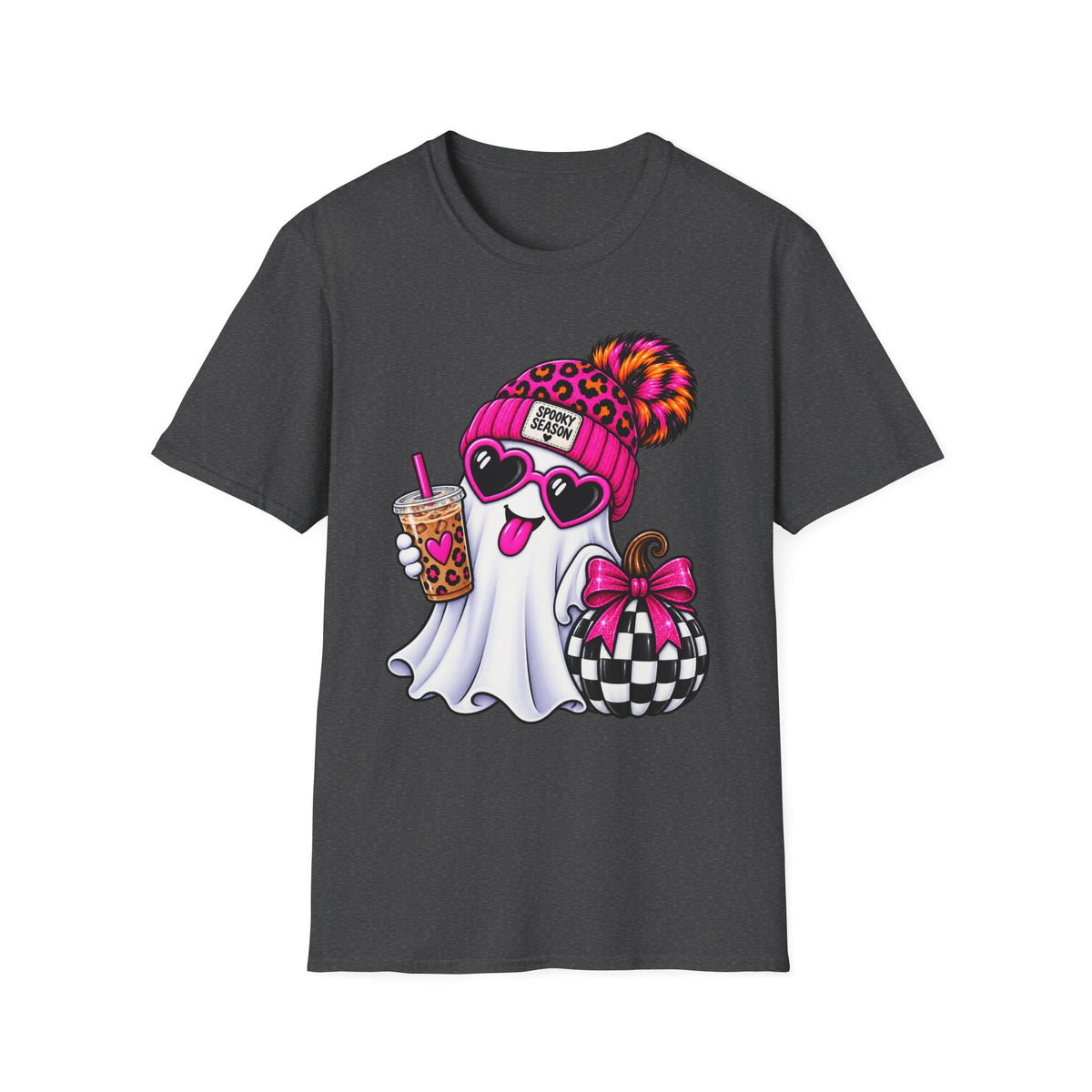 Spooky Season Ghost Tee — Cute Pink Beanie & Boba Halloween T-Shirt