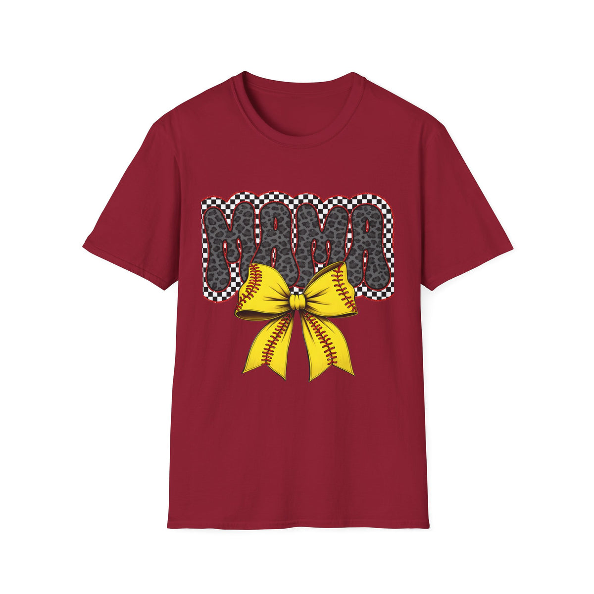 Mama Softball Tee — 'MAMA' Leopard Print with Yellow Stitch Bow