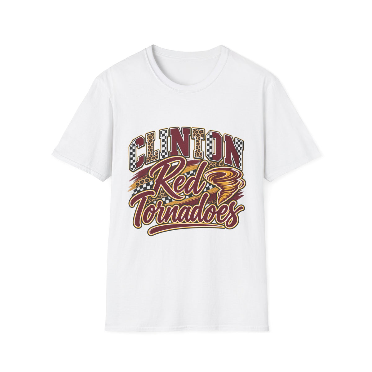 Clinton Reds Tornadoes Graphic T-Shirt — Leopard & Checker Retro School Spirit Tee