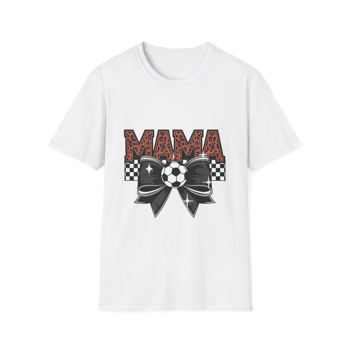 Mama Soccer Mom T-Shirt — Leopard Print & Checkered Bow Design