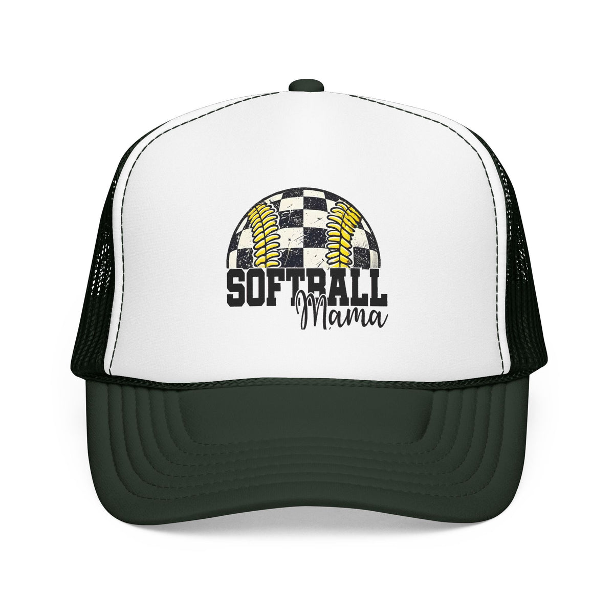 Softball Mama Trucker Hat — Checkered Softball Foam Cap for Baseball Moms