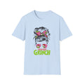 Grinch Messy Bun T-Shirt — Woman with Holiday Hair Bow (Merry Grinch)