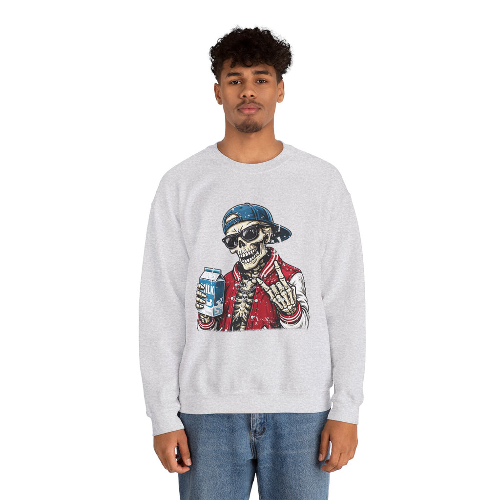 Skull Milk Crewneck Sweatshirt — Retro Skateboarding Skeleton Design