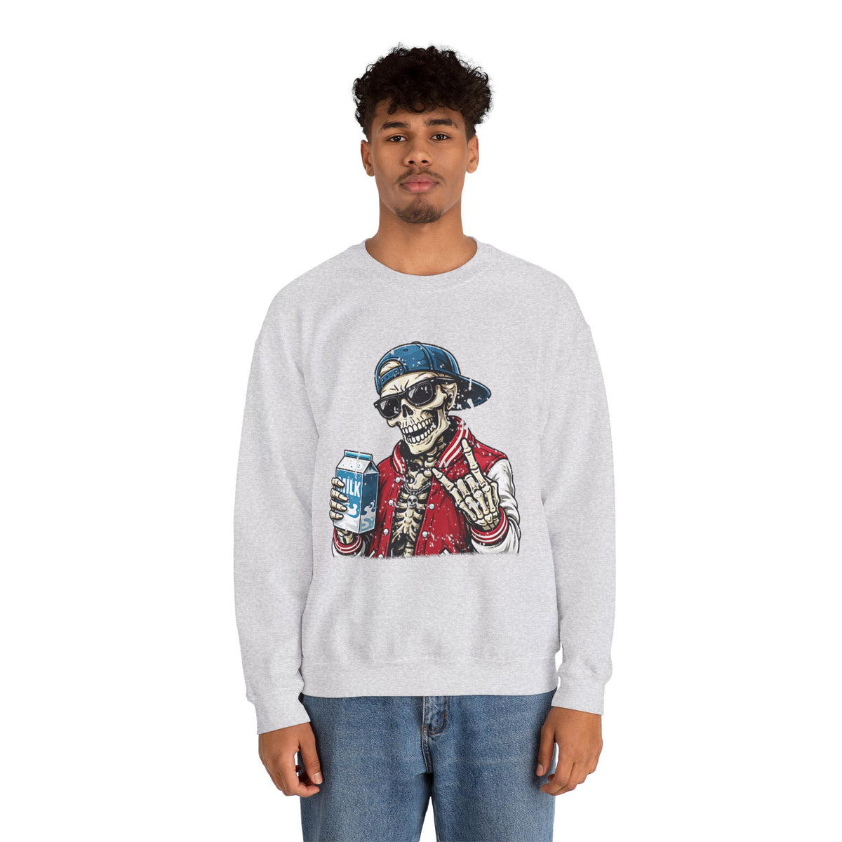 Skull Milk Crewneck Sweatshirt — Retro Skateboarding Skeleton Design