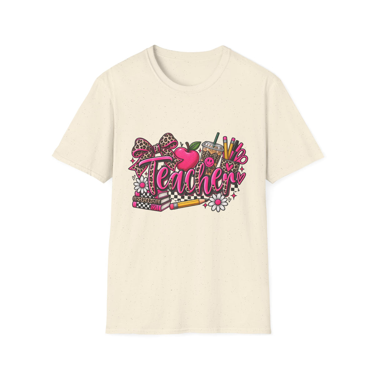 Teacher Graphic T-Shirt — Leopard Print Apple & School Supplies Design