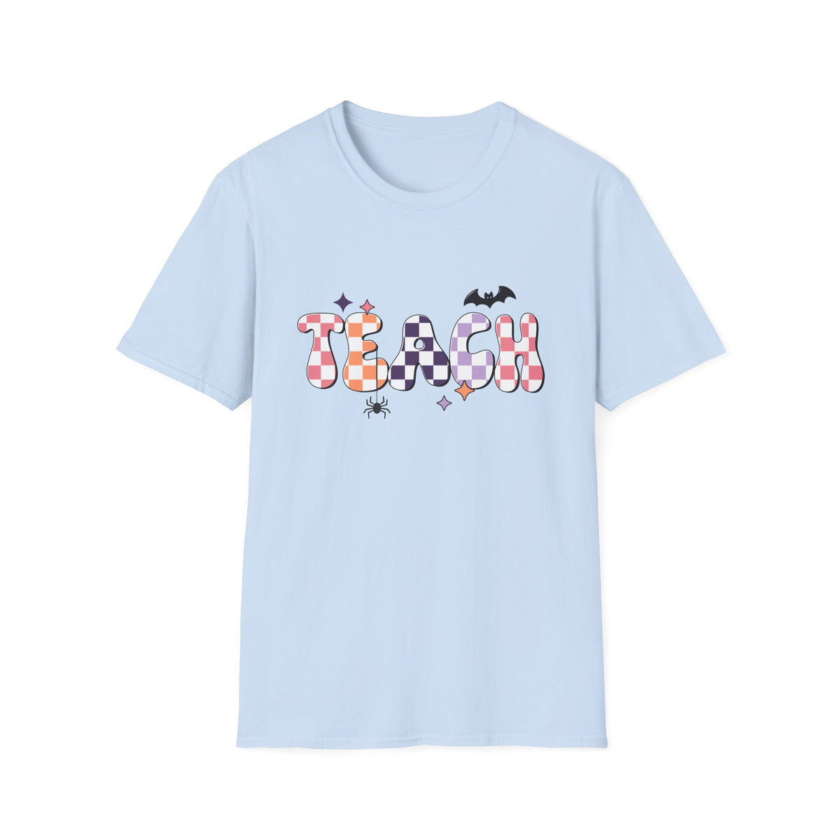 Halloween Teacher T-Shirt — Colorful Checker ‘TEACH’ Design with Bat & Spider