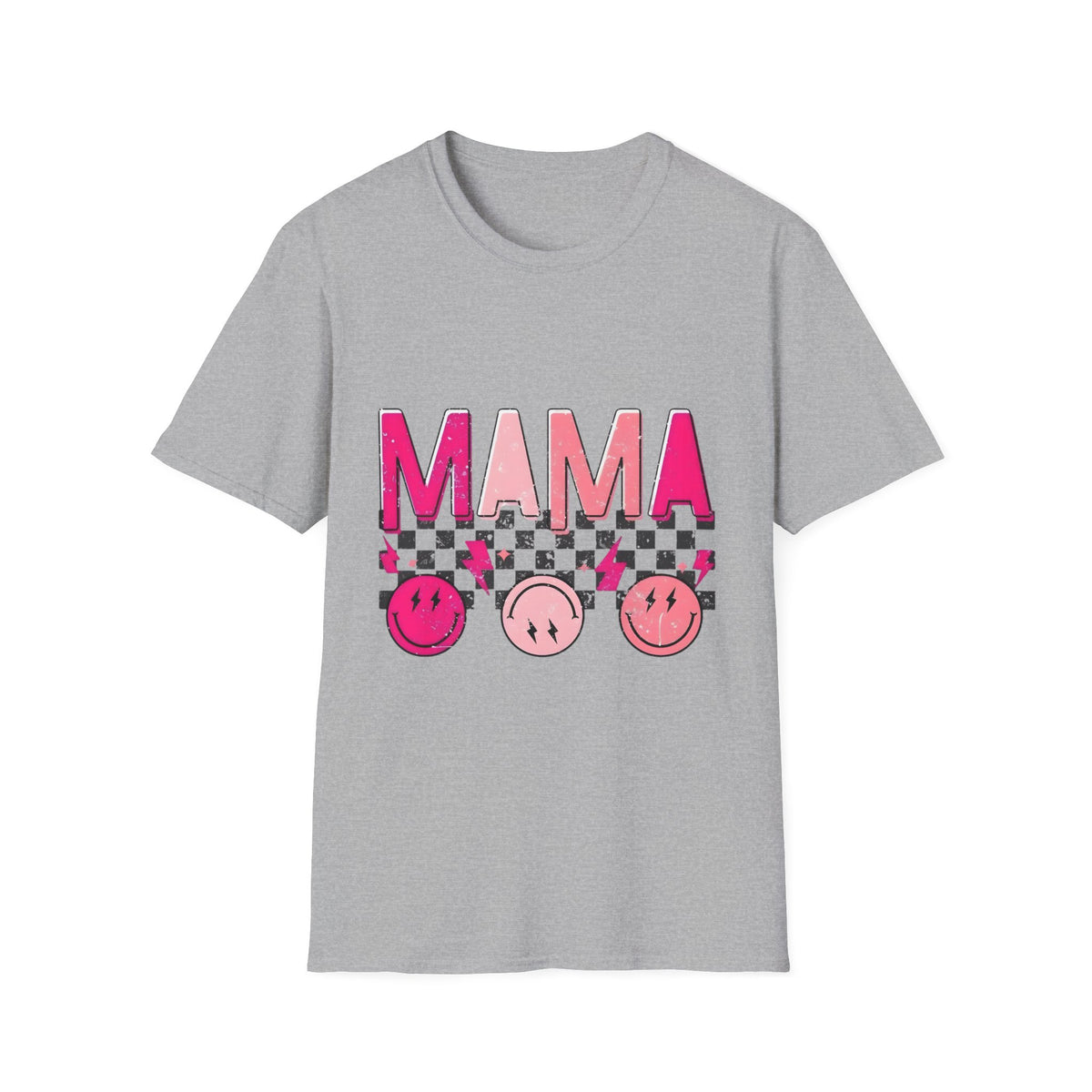 Mama Graphic T-Shirt — Pink Checkerboard Smiley Design