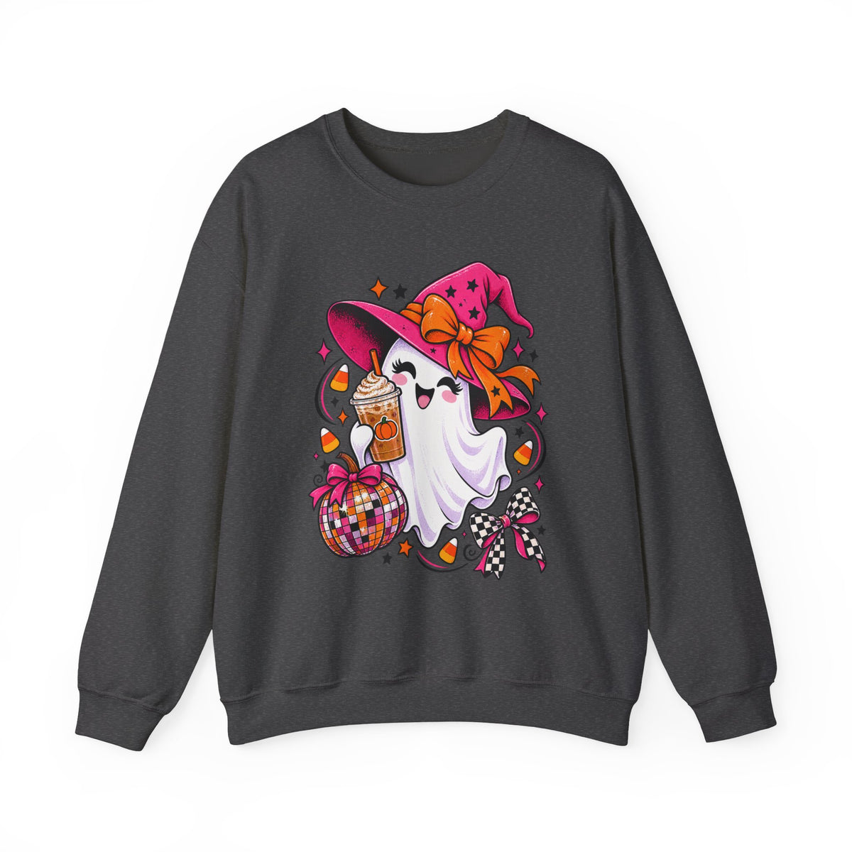 Cute Halloween Ghost Sweatshirt – Witch Hat, Pumpkin & Cozy Fall Sweets Design