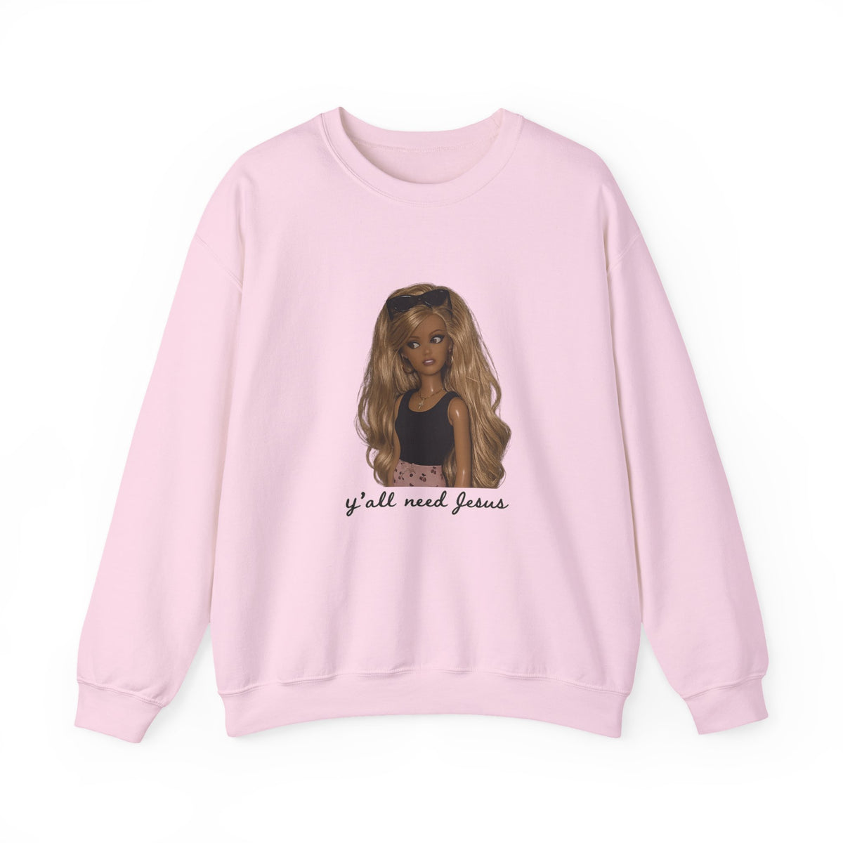 Crewneck Sweatshirt — Barbie Doll Graphic "y'all need Jesus" | Cute Faith Statement Top