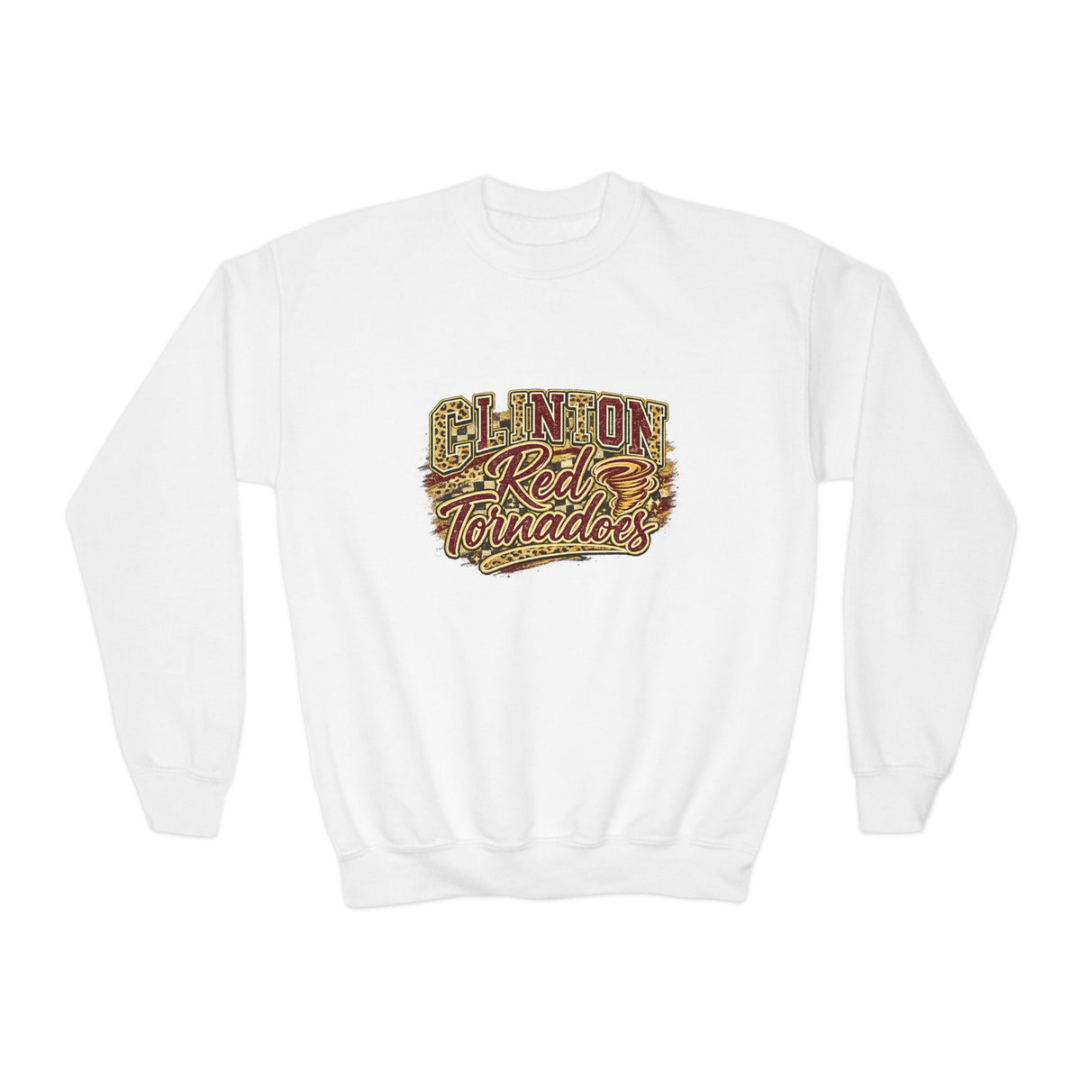Youth Crewneck Sweatshirt - Clinton Red Tornadoes Vintage Script Graphic