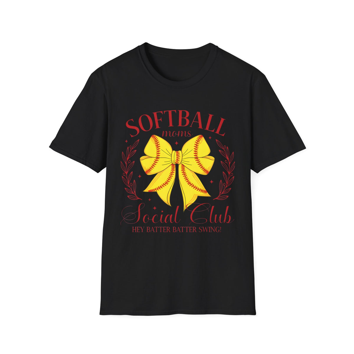 Softball Mom T-Shirt — Yellow Bow Baseball Stitch Design