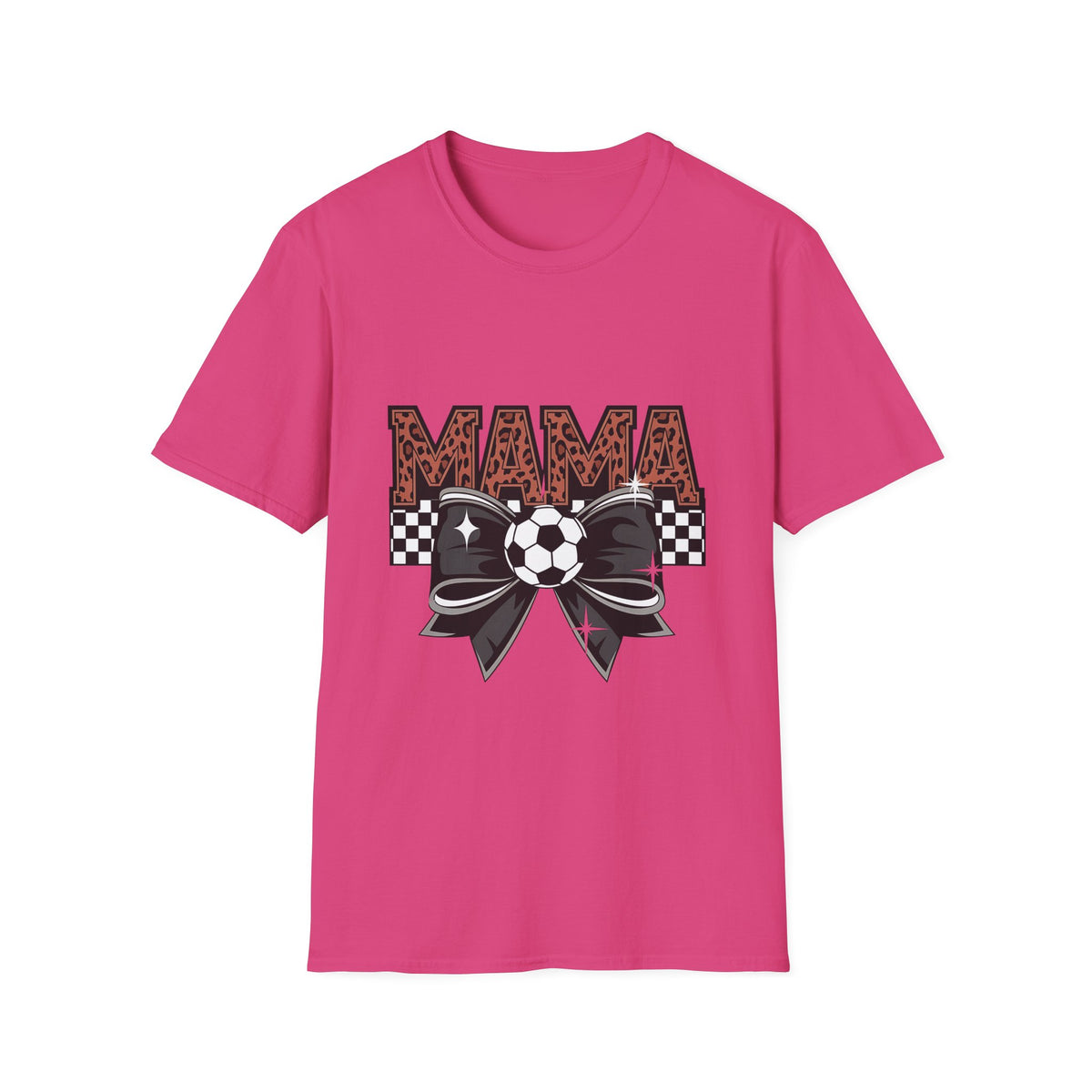 Mama Soccer Mom T-Shirt — Leopard Print & Checkered Bow Design