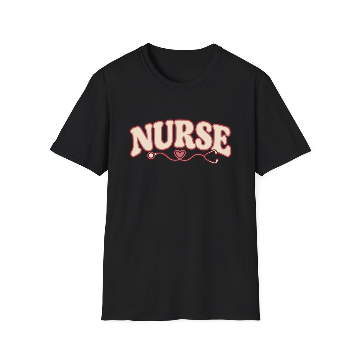 Nurse Retro Script T-Shirt — Pink Heart Stethoscope Design
