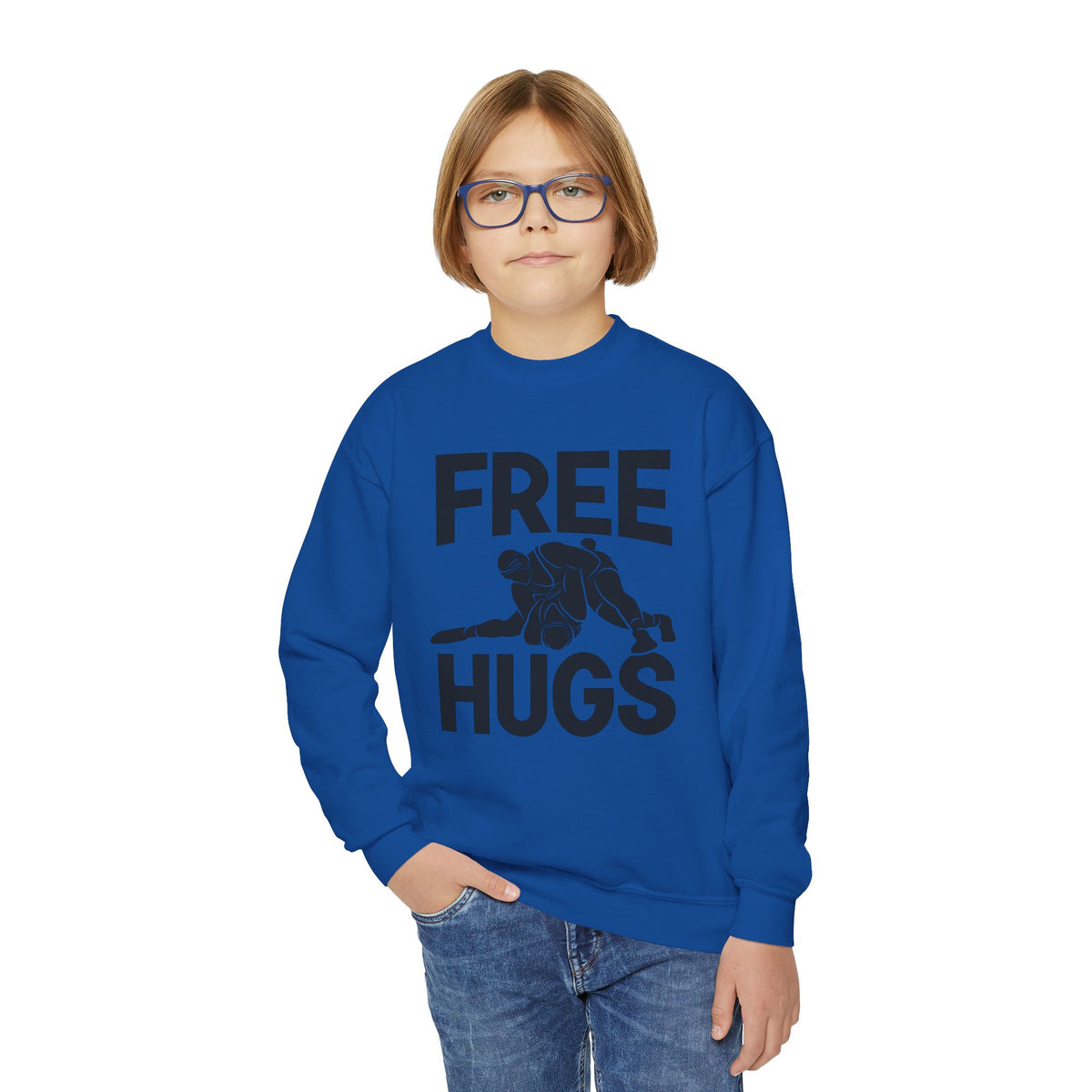 Youth Crewneck Sweatshirt — "FREE HUGS" Wrestling Graphic