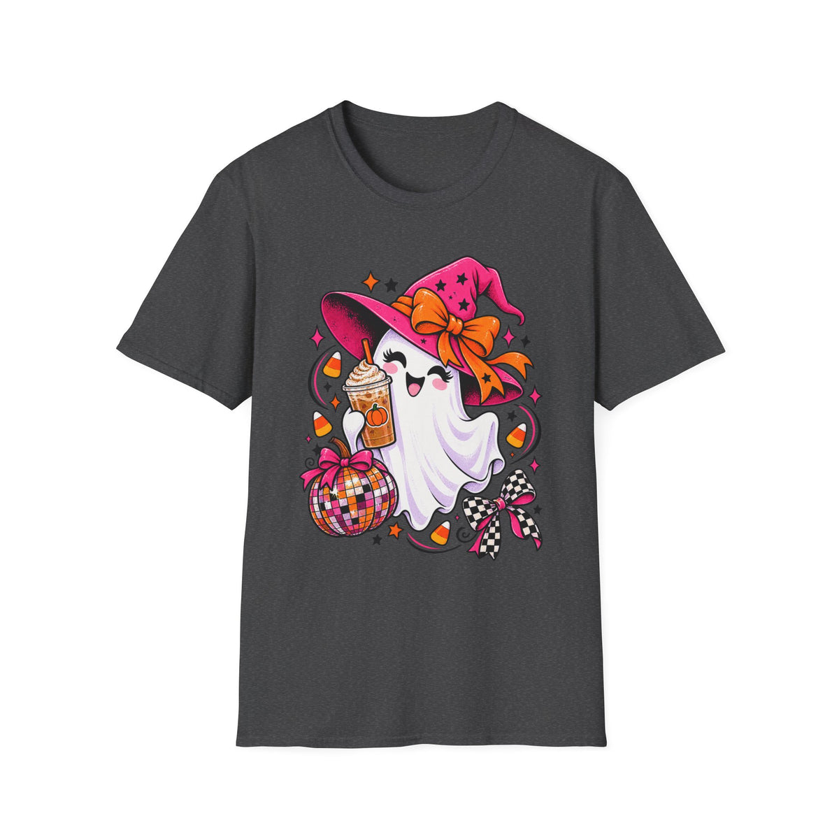 Cute Halloween Ghost Tee — Witch Hat, Candy & Pumpkin Latte Graphic T-Shirt