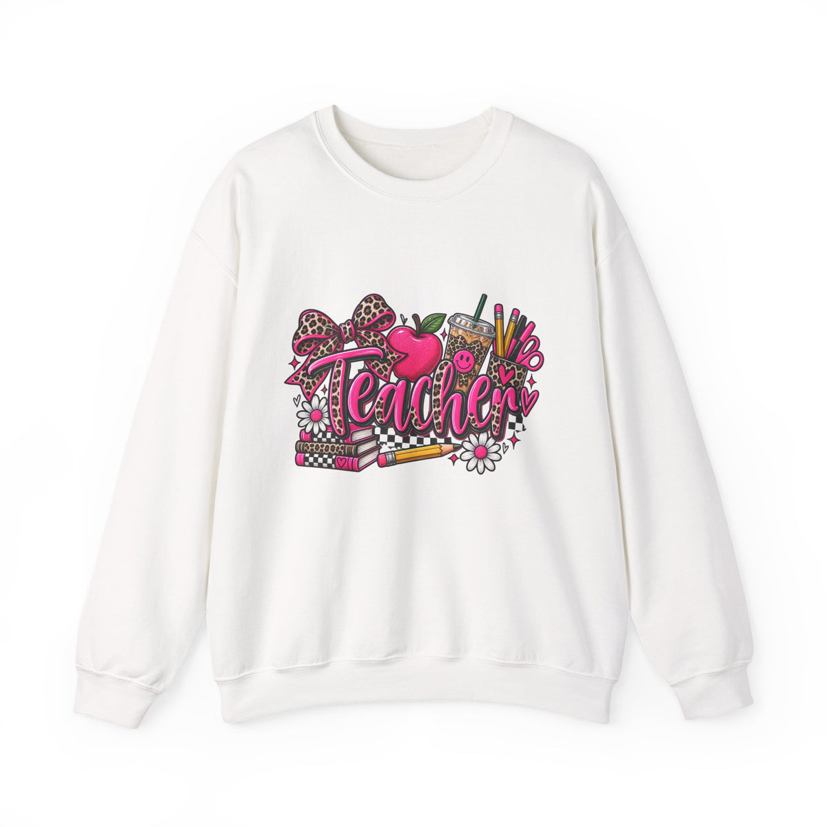 Teacher Heart Design Sweatshirt — Cute Pink Apple & School Supplies Crewneck