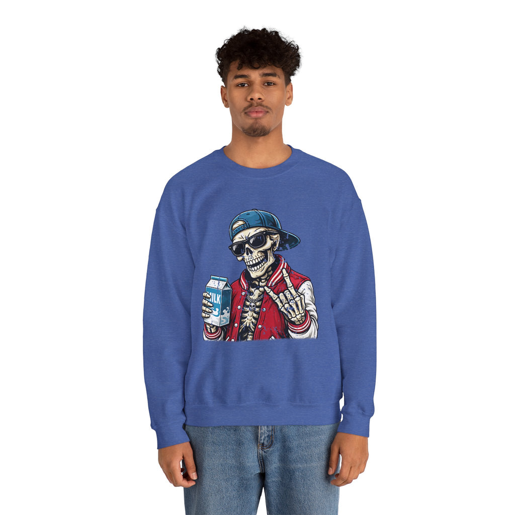 Skull Milk Crewneck Sweatshirt — Retro Skateboarding Skeleton Design