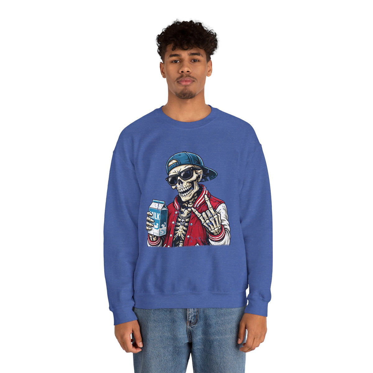 Skull Milk Crewneck Sweatshirt — Retro Skateboarding Skeleton Design