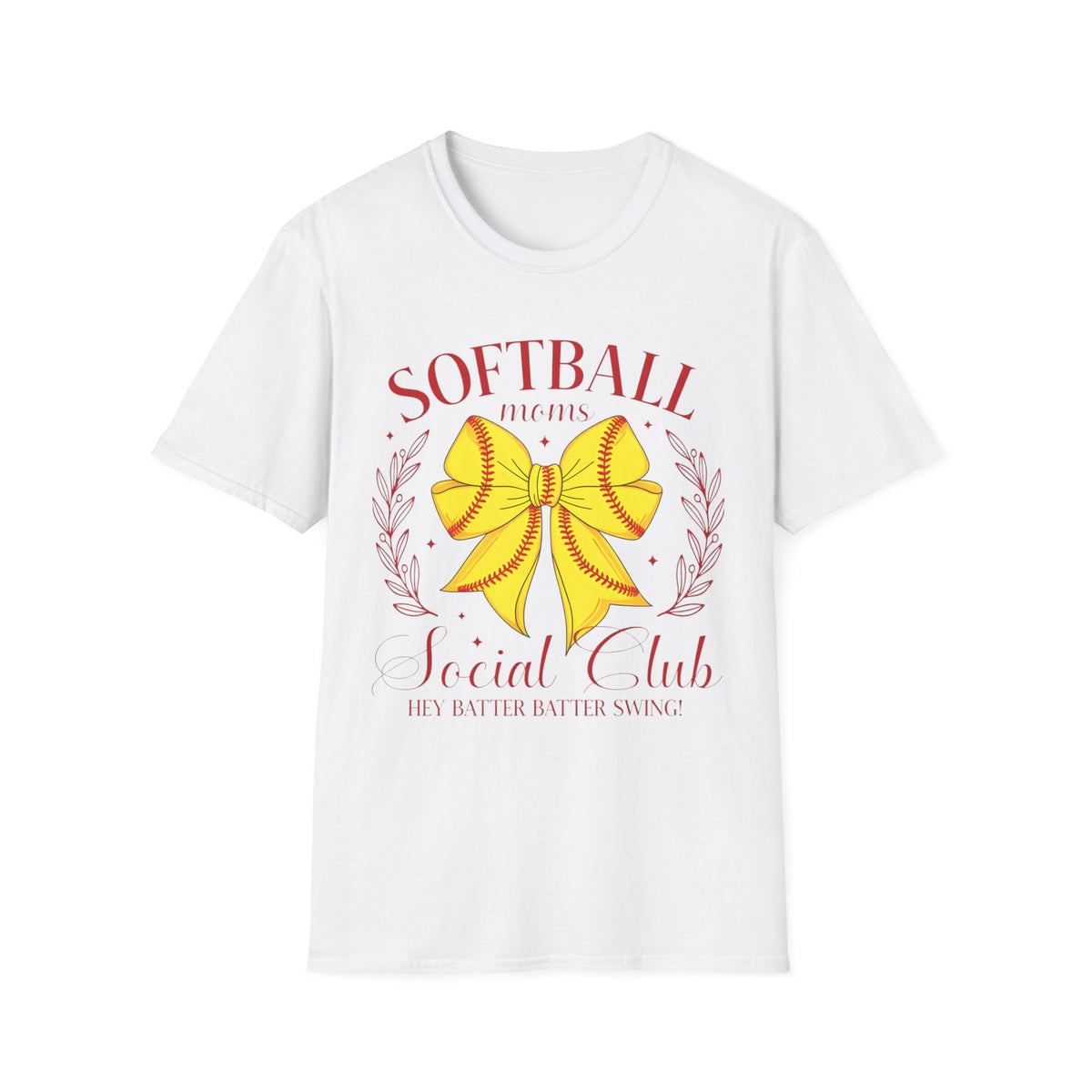 Softball Mom T-Shirt — Yellow Bow Baseball Stitch Design