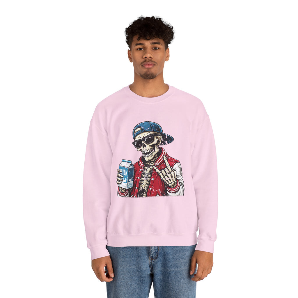 Skull Milk Crewneck Sweatshirt — Retro Skateboarding Skeleton Design