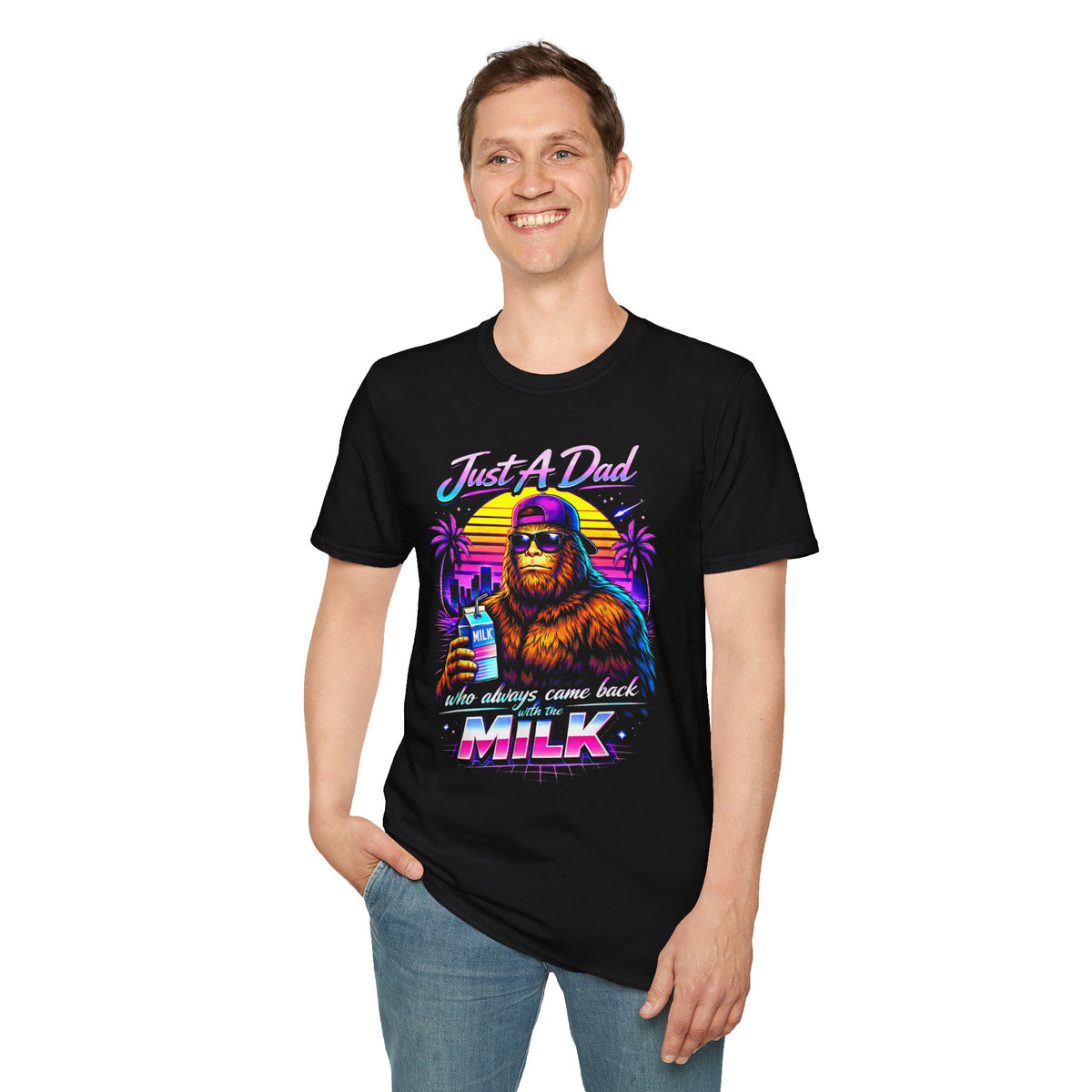 Just A Dad Neon Graphic T-Shirt — Retro Bigfoot Fatherhood 'He Always Comes Back for Milk' Tee