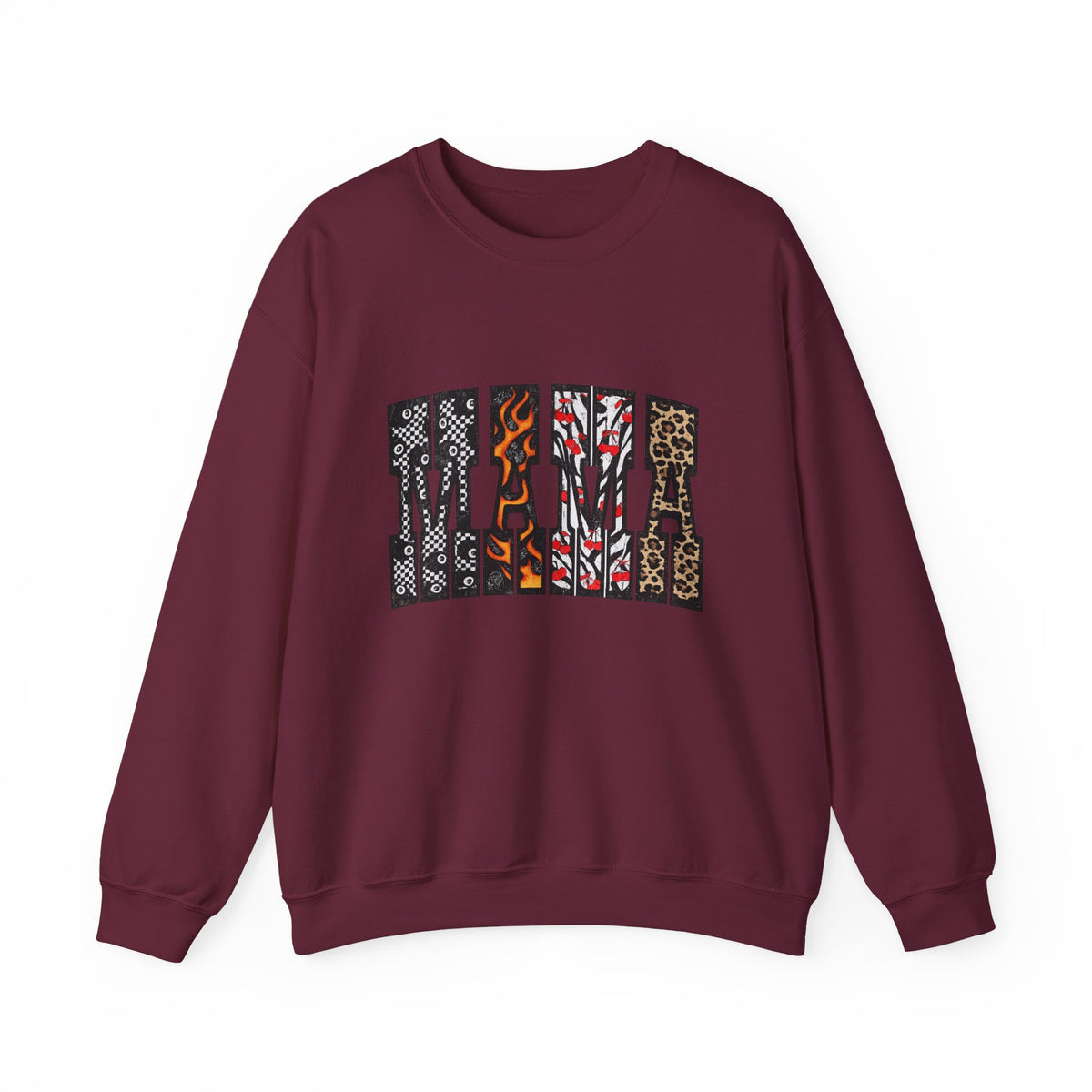 Mama Patchwork Crewneck Sweatshirt — White Graphic "MAMA" Patterned Pullover