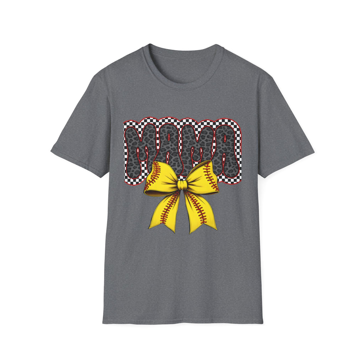 Mama Softball Tee — 'MAMA' Leopard Print with Yellow Stitch Bow