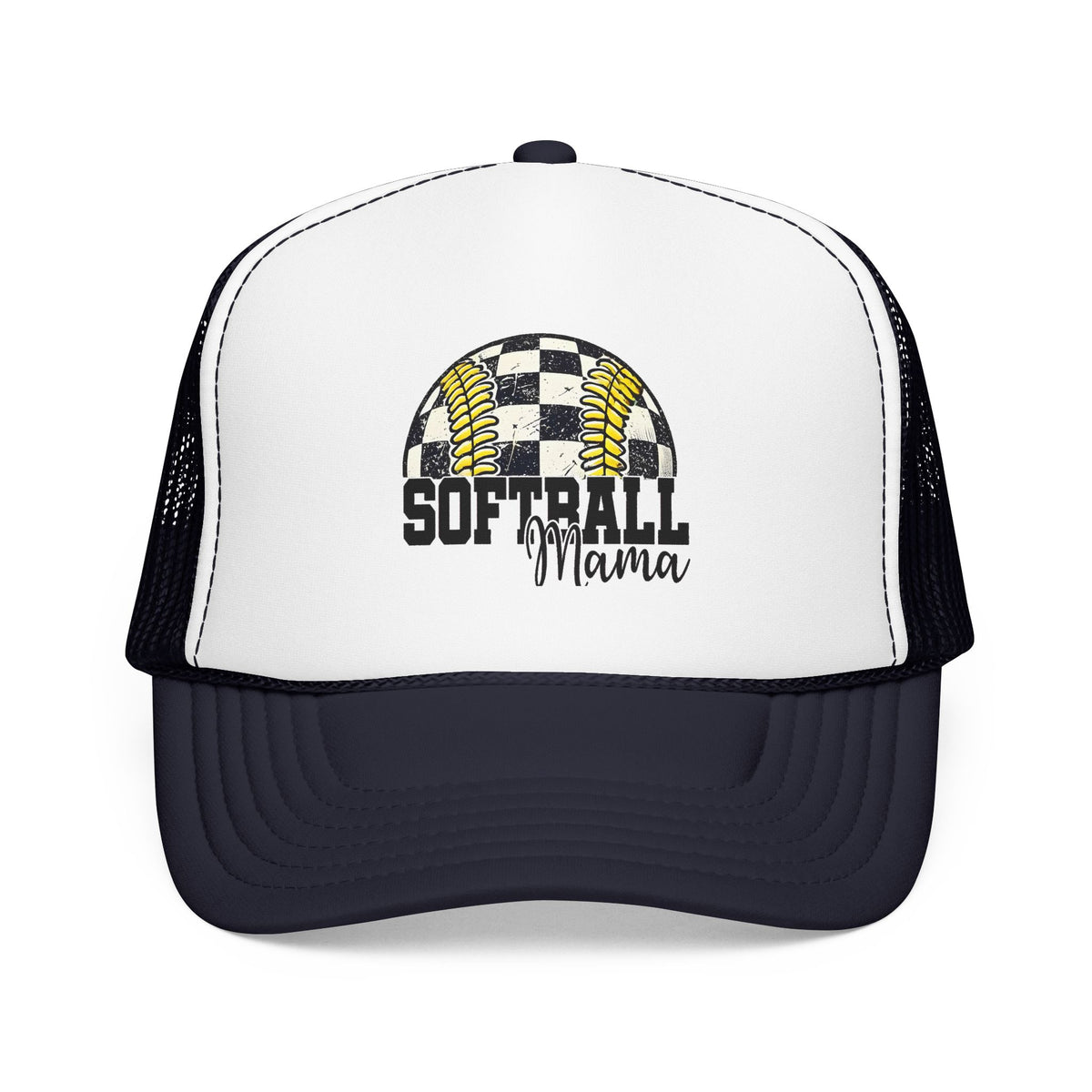 Softball Mama Trucker Hat — Checkered Softball Foam Cap for Baseball Moms