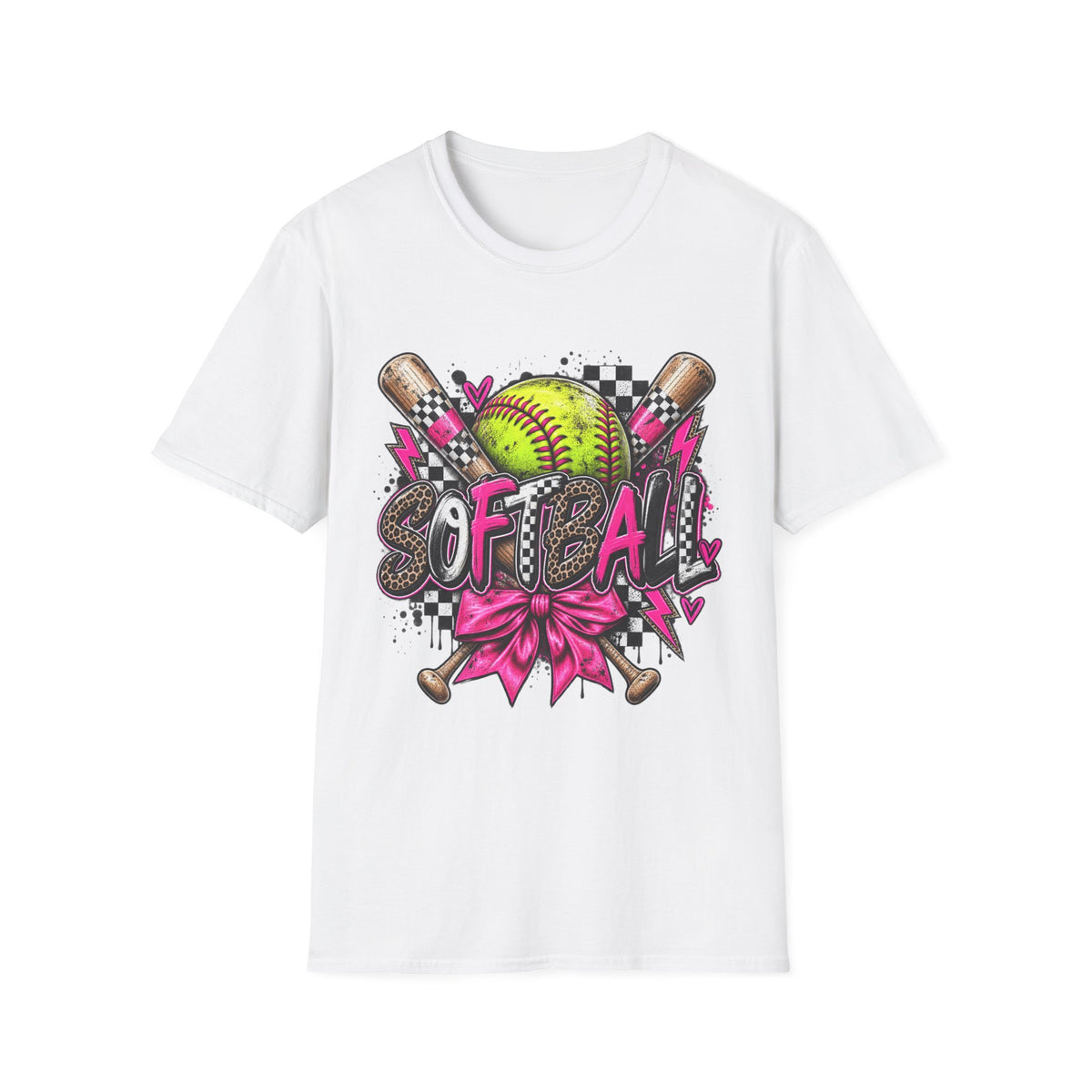 Softball Graphic Tee — Neon Softball, Bats & Bow Design