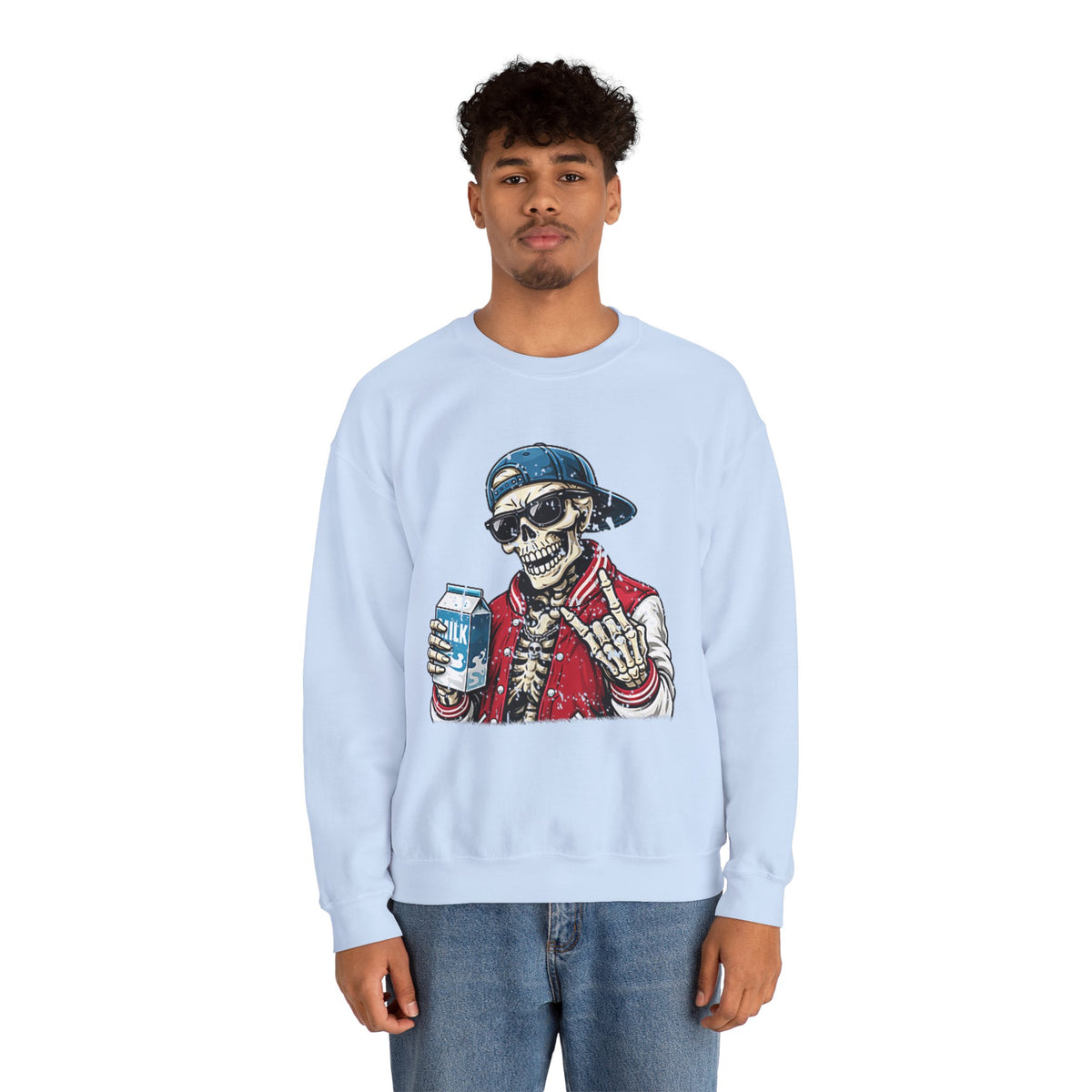 Skull Milk Crewneck Sweatshirt — Retro Skateboarding Skeleton Design
