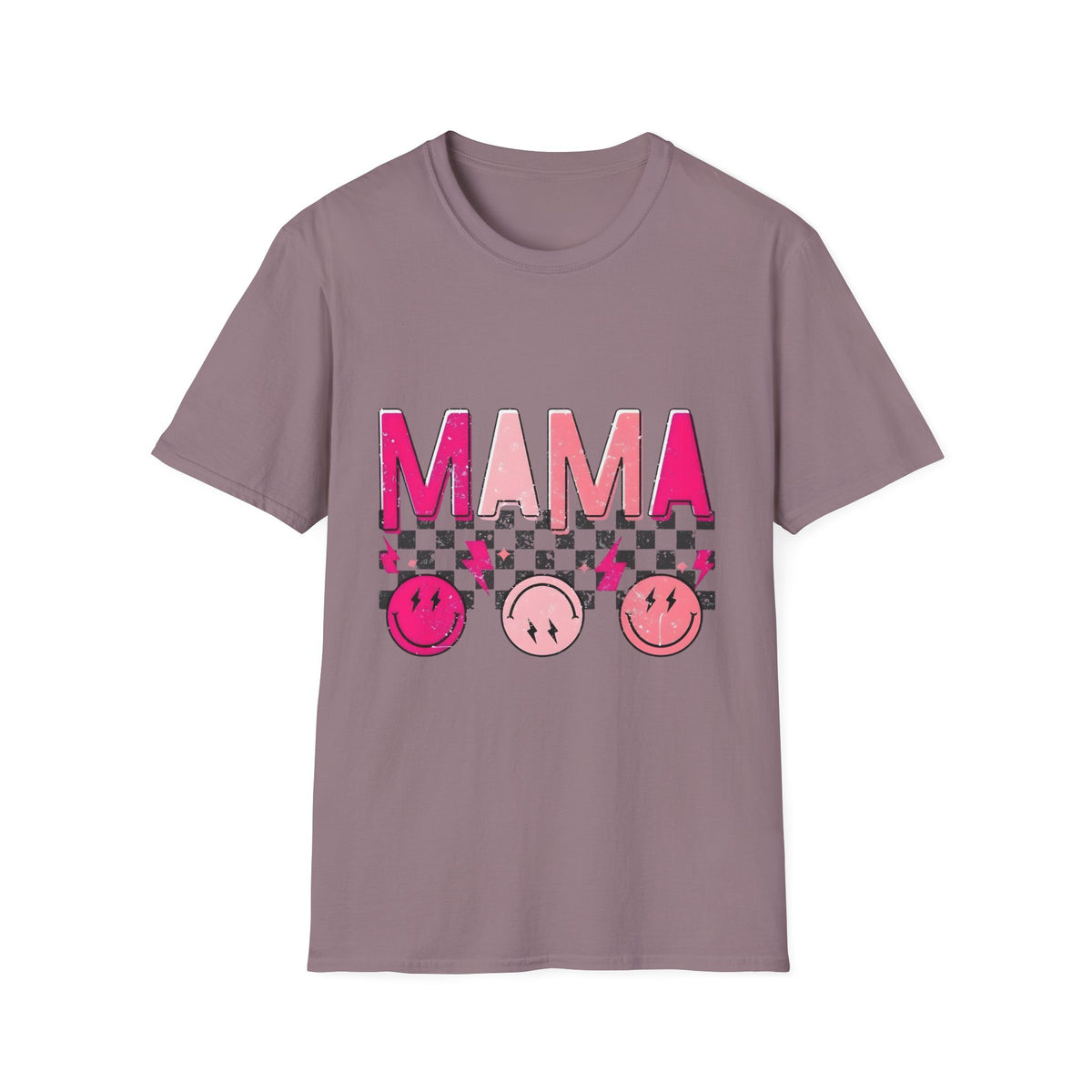 Mama Graphic T-Shirt — Pink Checkerboard Smiley Design