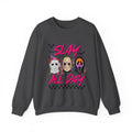 Slay All Day Crewneck Sweatshirt — Retro Horror Mask Graphic