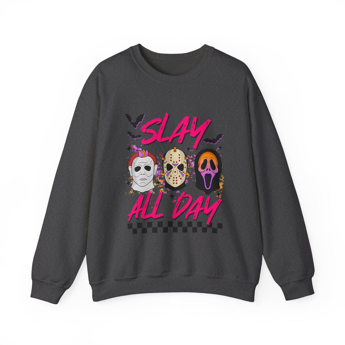 Slay All Day Crewneck Sweatshirt — Retro Horror Mask Graphic
