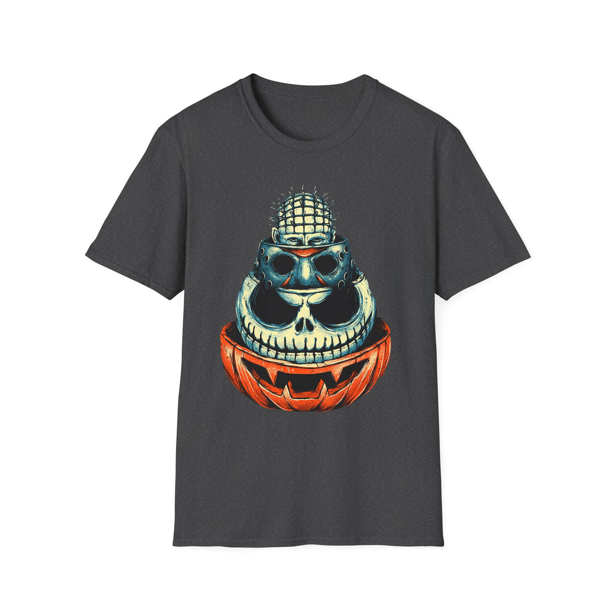 Skull Pumpkin Stack T‑Shirt — Halloween Horror Graphic Tee