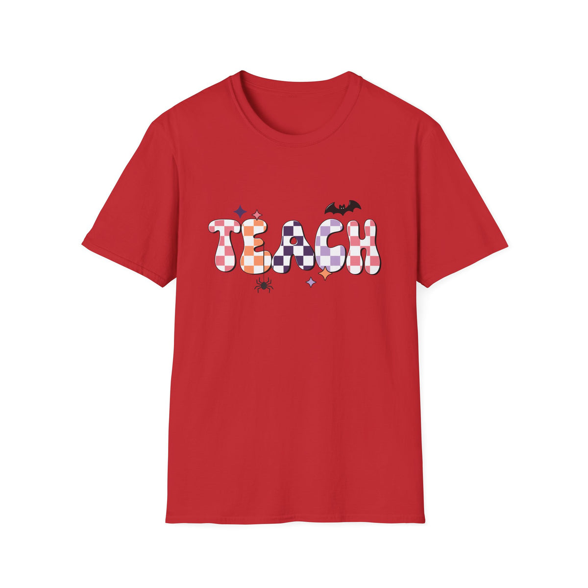 Halloween Teacher T-Shirt — Colorful Checker ‘TEACH’ Design with Bat & Spider