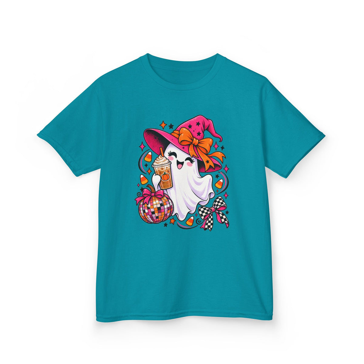 Kids Halloween Ghost T‑Shirt — Cute Witch Hat Ghost with Candy Basket