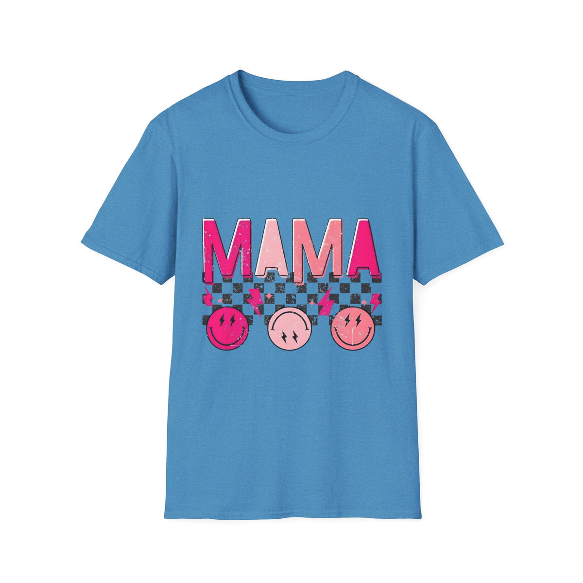 Mama Graphic T-Shirt — Pink Checkerboard Smiley Design