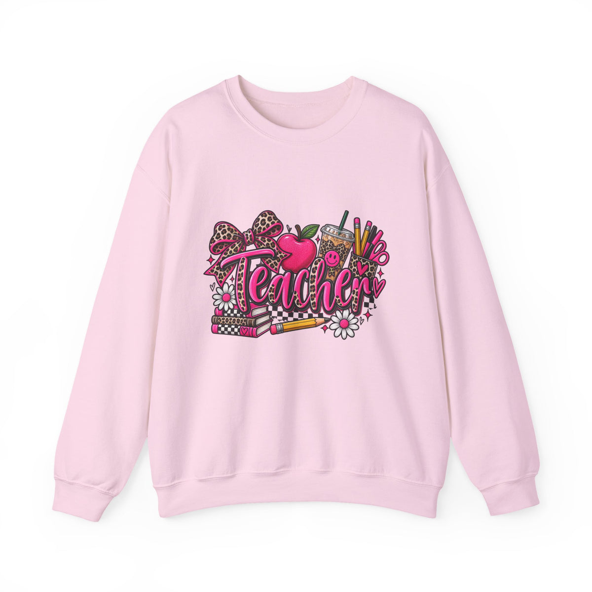 Teacher Heart Design Sweatshirt — Cute Pink Apple & School Supplies Crewneck