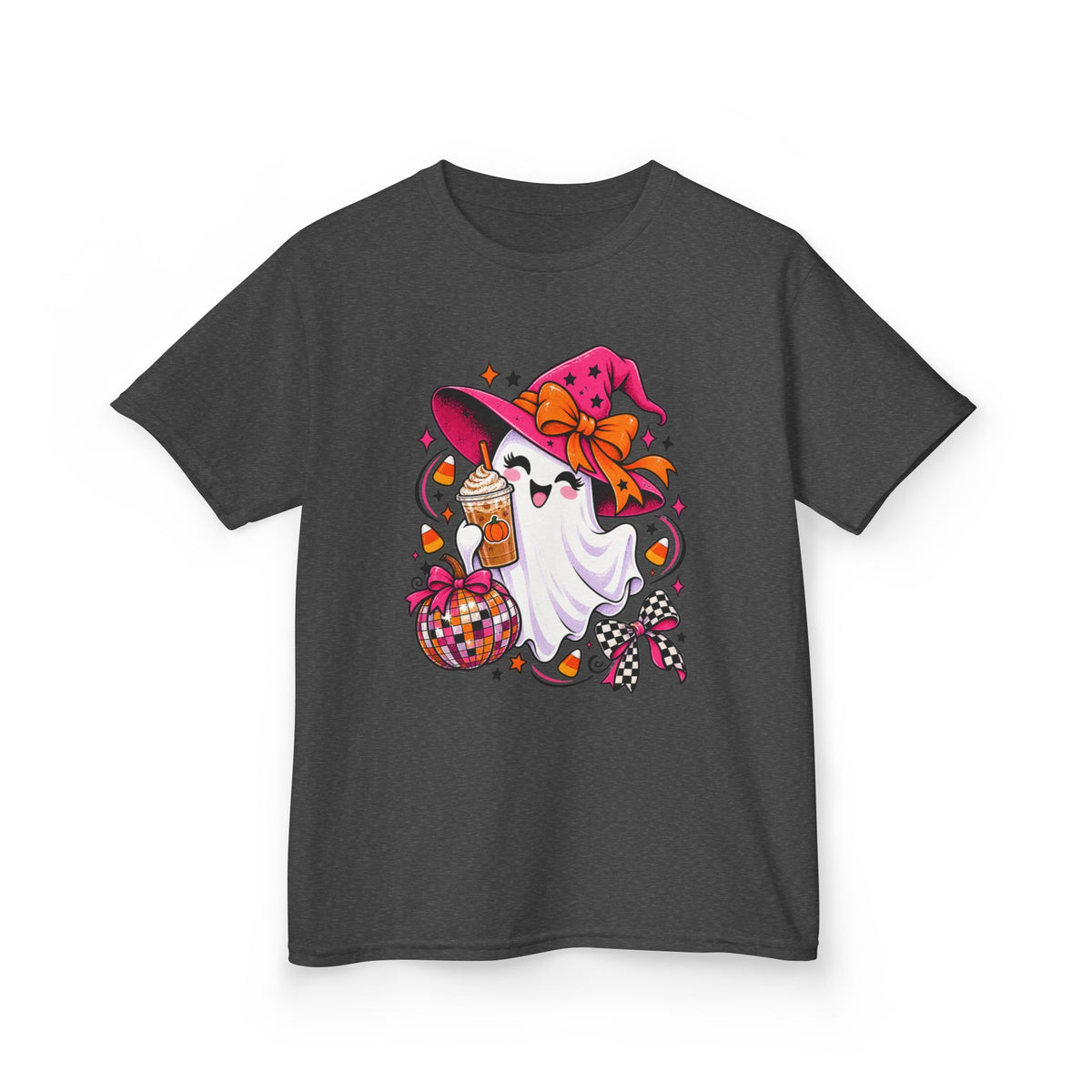 Kids Halloween Ghost T‑Shirt — Cute Witch Hat Ghost with Candy Basket