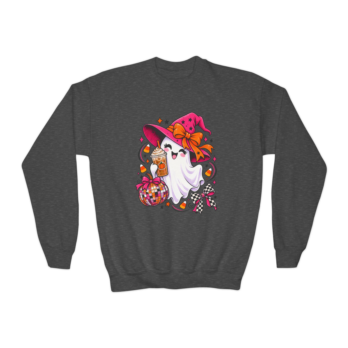 Kids' Halloween Ghost Crewneck Sweatshirt – Cute Ghost in Witch Hat Pumpkin Candy Design