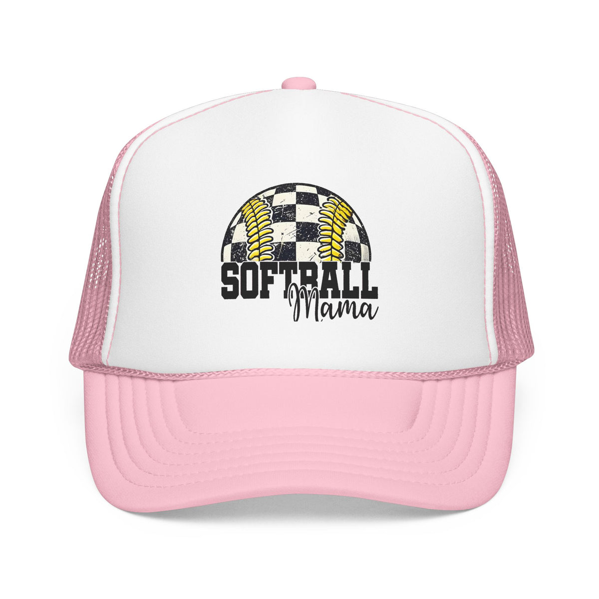 Softball Mama Trucker Hat — Checkered Softball Foam Cap for Baseball Moms
