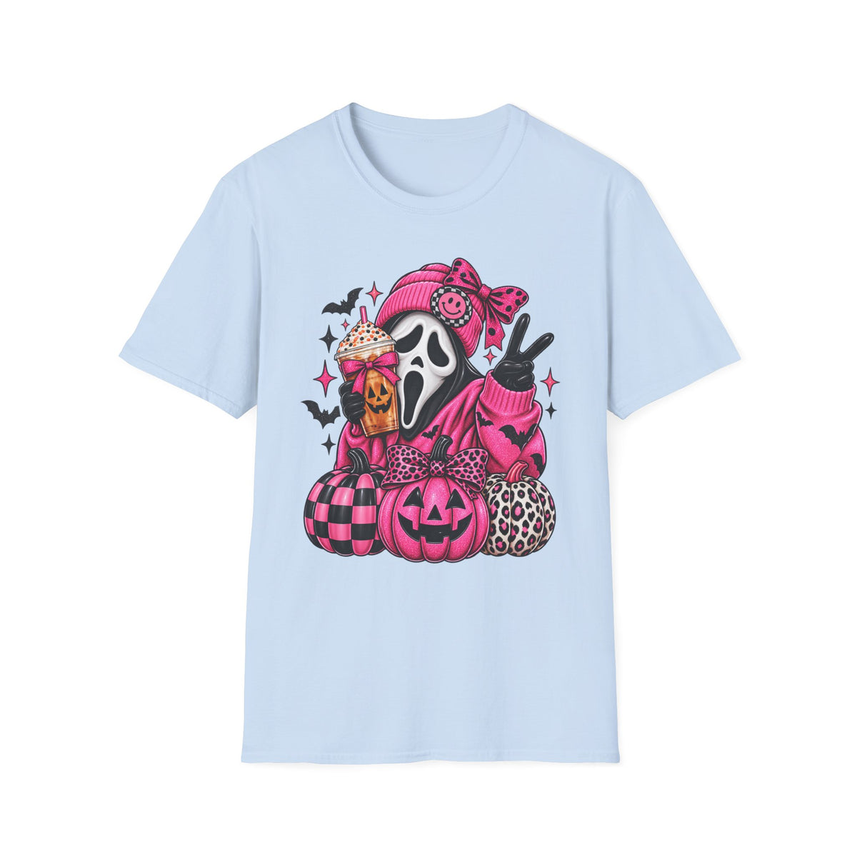 Halloween Scream Mask T-Shirt — Pink Goth Ghost with Pumpkin & Coffee