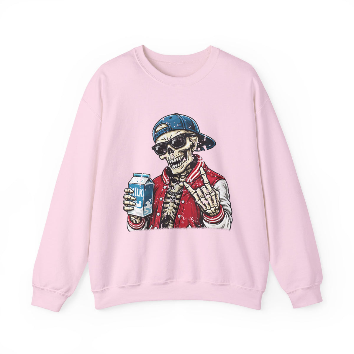 Skull Milk Crewneck Sweatshirt — Retro Skateboarding Skeleton Design