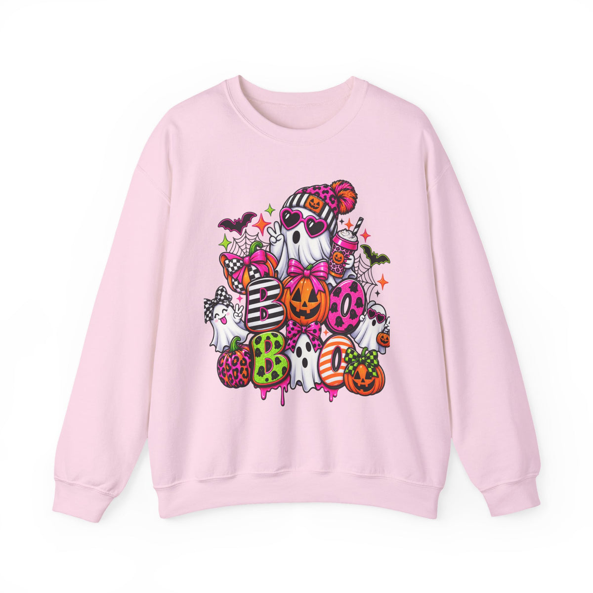 Cute Halloween Ghosts Crewneck Sweatshirt — Colorful Pumpkin & Candy Graphic