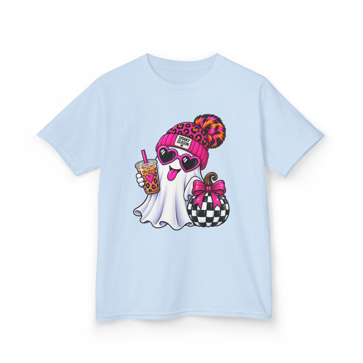 Kids Tee — Cute Halloween Ghost with Leopard Beanie, Boba & Gift