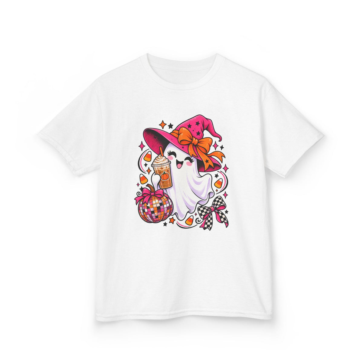 Kids Halloween Ghost T‑Shirt — Cute Witch Hat Ghost with Candy Basket