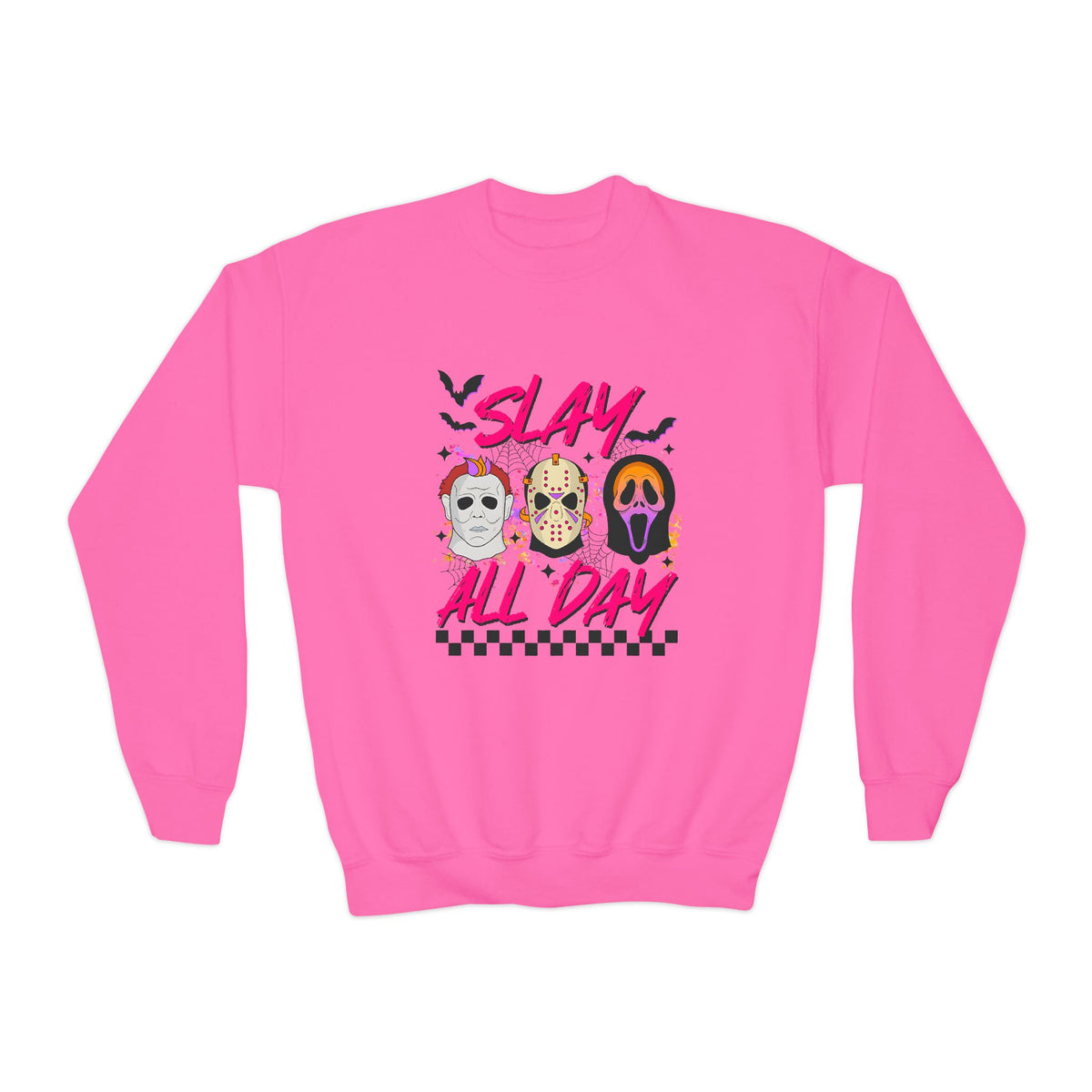 Youth Crewneck Sweatshirt — "Slay All Day" Horror Mask Graphic